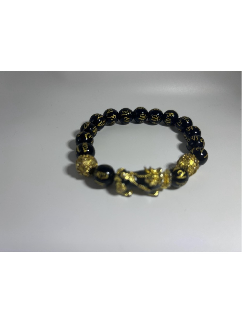 Bracelet Black‎ Beaded Gold Tone Dragon Charm Script Stretch Luck Jewelry